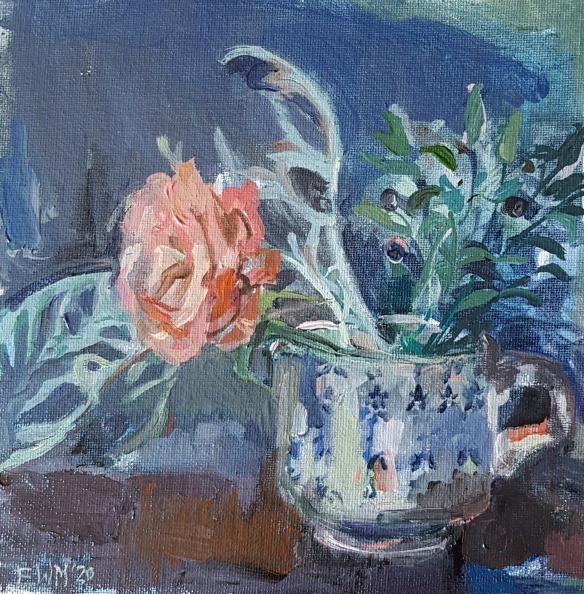 Elaine Woo MacGregor Teacup Rose with a Sprig of Wild Blueberries.jpg