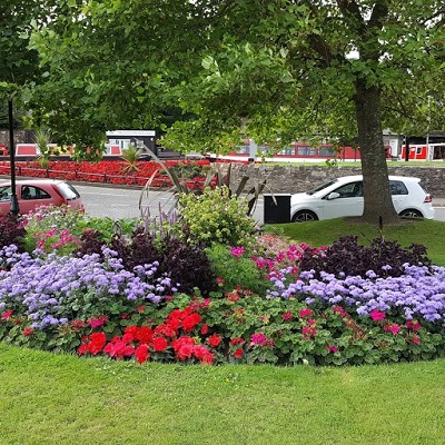 Flower bed in Learmonth Gardens looking towards the canal